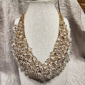 Clear Crystal Glass Faceted Beads Gold Tone Statement Bib Style Necklace
